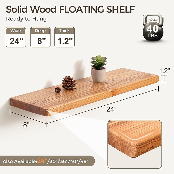 Fun Memories 24 Inch Floating Shelves, Rustic Solid Wood Wall Shelves Set of 2, 8 Inch Deep Floating Shelf for Bathroom, Bedroom, Heavy-Duty Wooden Shelf Wall-Mounted for Home Decor & Storage