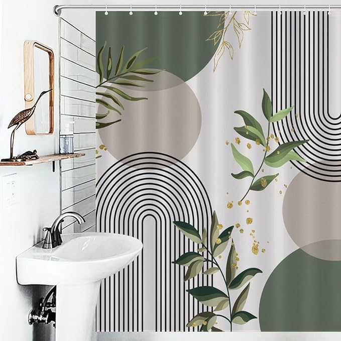 Mid Century Modern Shower Curtain, Boho Aesthetic Green Tropical Palm Leaves Abstract Minimalist Geometic Arch Waterproof Fabric Bathroom Shower Curtain Set with Hooks, 72"x84" Inch