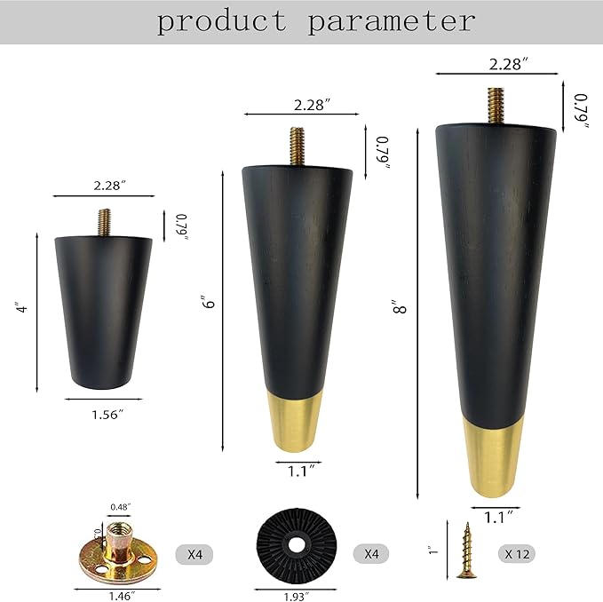Round Solid Matte Black Rubberwood Replacement Couch Legs (6-Inch Set of 4)