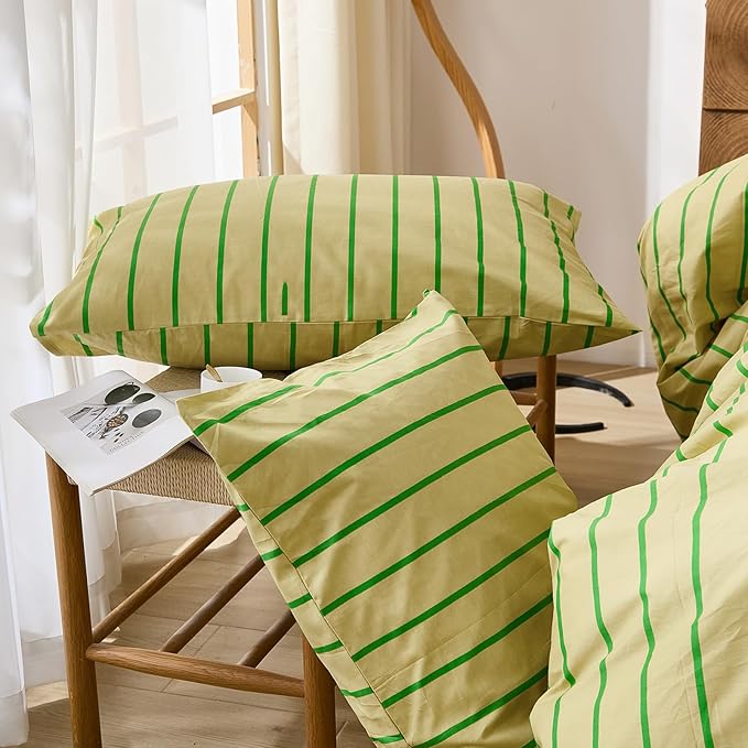 Merryword Striped Duvet Cover Set King Size - 100% Cotton Duvet Cover Set, Khaki & Green Stripes Pattern Comforter Cover 3 Pieces, Soft Linen Like Bedding Set for All Seasons