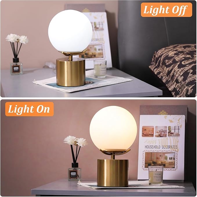 10 Inch Gold Globe Table Lamp, Mid Century Modern Desk Lamp with Frosted Glass Shade, Eye-Caring Soft Light, Gold Metal Base Ball Bedside Lamp for Bedroom Living Room Nightstand Home Decor