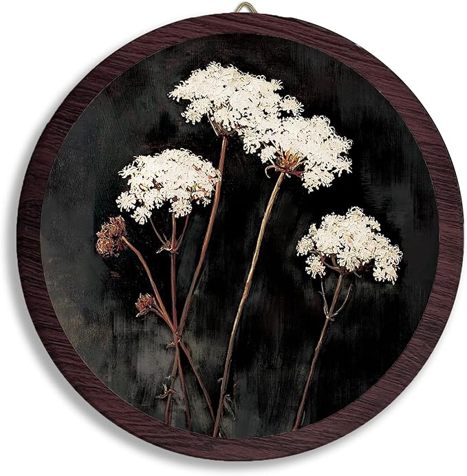 TFKFJLF Vintage White Flowers Wall Hanging Prints Frame, Dark Farmhouse Rustic Round Wooden Prints, Cottagecore Botanical Flower Wooden Walls for Home Bedroom Living Room Decor, 10x10 Inch