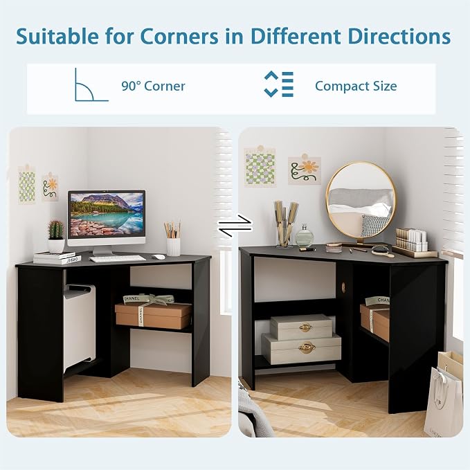 LDAILY Corner Desk, Space Saving 90 Degree Triangle Computer Desk with Storage Shelves & Cable Holes, Wood Compact Corner Writing Table for Small Spaces, Home Office, Bedroom & Living Room, Black