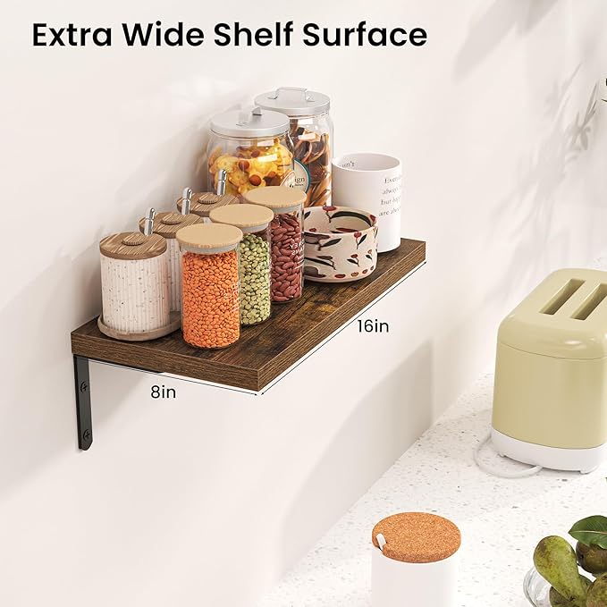 Marsmiles Extra Wide Floating Shelves for Wall, 16x8 Inch Natural Wood Grain Bookshelves, Heavy Duty Mounted Shelving for Bathroom, Kitchen, Living Room, Bedroom,Set of 8，Rustic Brown