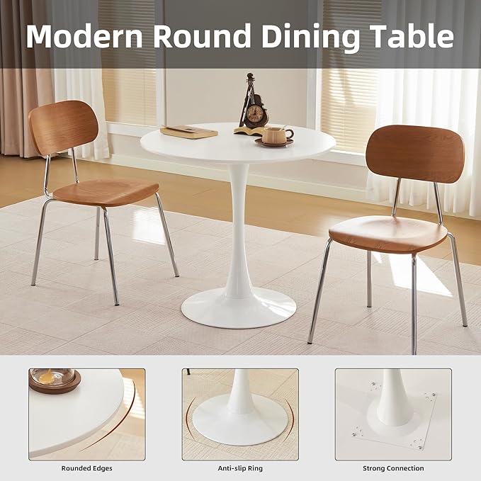Round Dining Table, 31.5" Circle Tulip Table with Thickened Tabletop & Metal Pedestal, Mid Century Modern Bistro Table for Kitchen, Small Places, Living Room, Cafe (White)