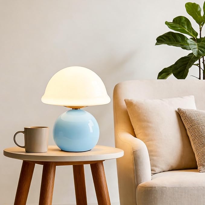 Mushroom Table Lamp for Bedroom, Cozy Bedside Lamp with Glass Shade, Stepless Dimmable Nightstand Lamp for Relaxing Bedroom Decor & Aesthetic Home (Blue)