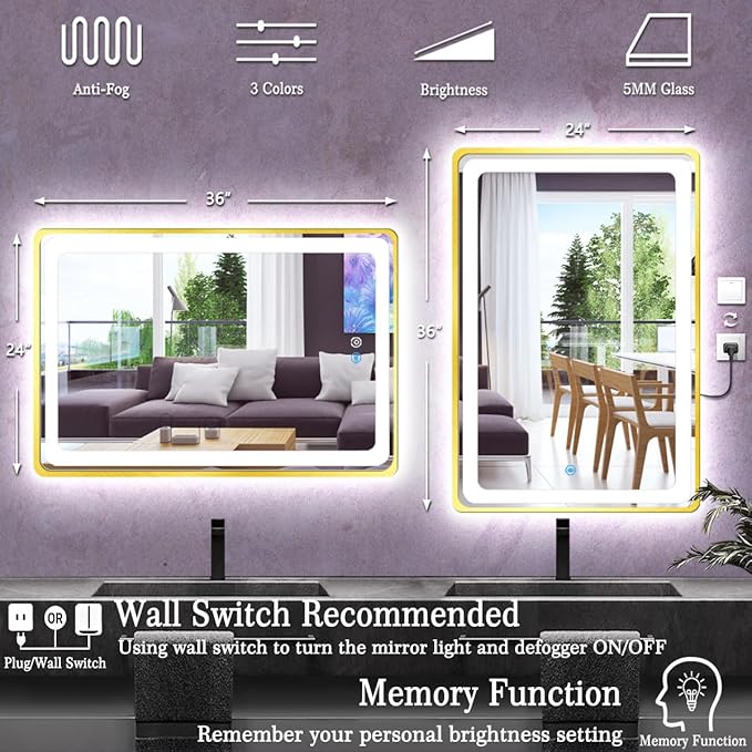 24 x 36 Inch Gold Vanity Mirror with Lights Smart Memory 3 Color Dimmable AntiFog 36 Gold Frame Lighted mirror for Bathroom Salon Horizontal/Vertical Wall Mounted LED Makeup Mirror with Light