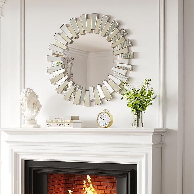 Sunburst Mirror - 26'' Sliver Starburst Mirror with Beveled Glass Frame, Modern Wall Decor Mirrors for Living Room, Hallway,Bedroom