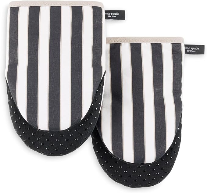 Kate Spade New York Botanical Stripe Mini Oven Mitt 2-Pack Set, 5.5" x 8", Black/Beige