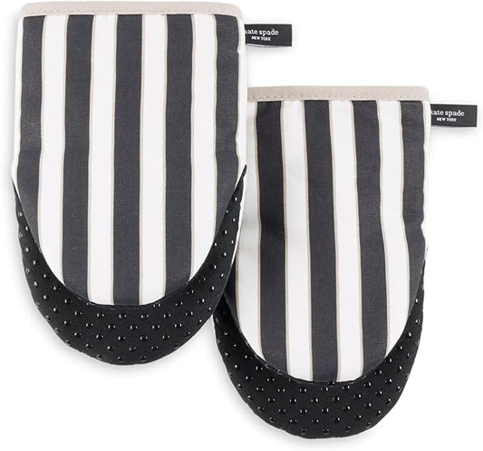 Kate Spade New York Botanical Stripe Mini Oven Mitt 2-Pack Set, 5.5" x 8", Black/Beige