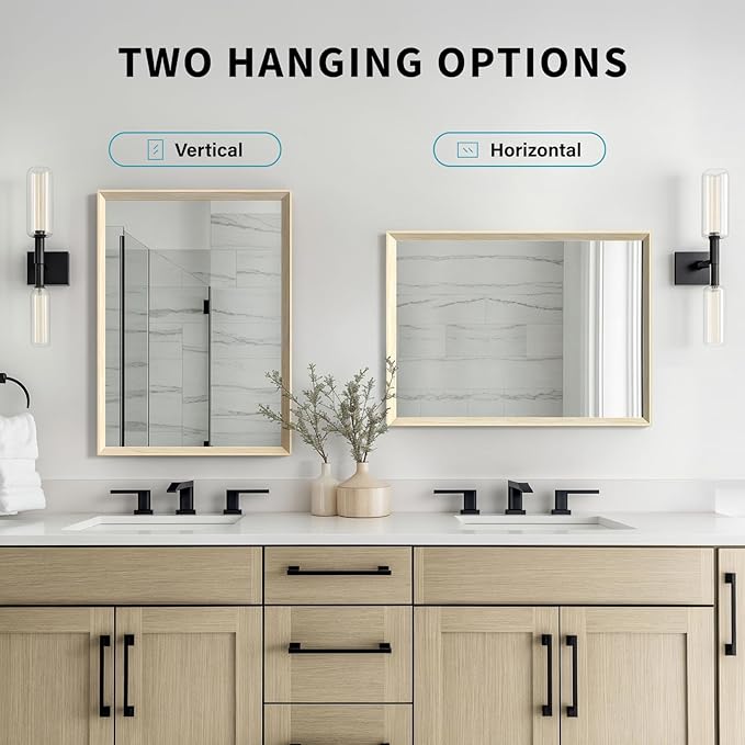 Oak Wood Effect Framed Wall Mirror, 36x36 Rectangle Mirror, Anti-desilvering Tempered Glass, Sustainable& Sturdy Frame, Anti-Rust, HD Reflection &3min Fast Setup for Bathroom Living Room
