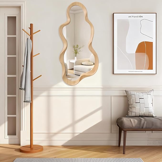 Asymmetrical Mirror for Wall Decor Modern Wooden Framed Irregular Mirrors Unique Shape Wall Mounted Vanity Artistic Wavy Mirror Decorative for Living Room Bedroom Bathroom Entryway 30"x14"