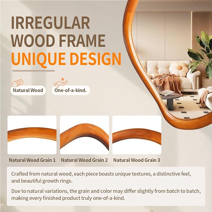 Irregular Wall Mirror with Wood Frame, 35" x 24" Orange Asymmetrical Mirror, Decorative Mirrors for Bedroom Living Room Entryway Hallway Cloakroom, Shatterproof, Horizontal/Vertical