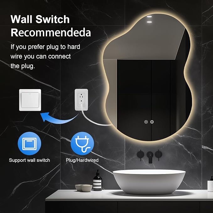 Asymmetrical Lighted Mirror for Bathroom,Modern LED Vanity Mirror with Backlit,Fog-Free,Tri-Color Dimmable Lighting with Memory Function,Hardwire Ready [Horizontal/Vertical] 40" H x 30" W