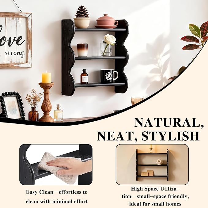 100% Solid Wood Floating Shelf, Vintage Wall Shelves Wall Mounted Storage Rack 3-Tier, Farmhouse Decor Hanging Shelf Display Shelves for Apartment, Living Room and Bedroom