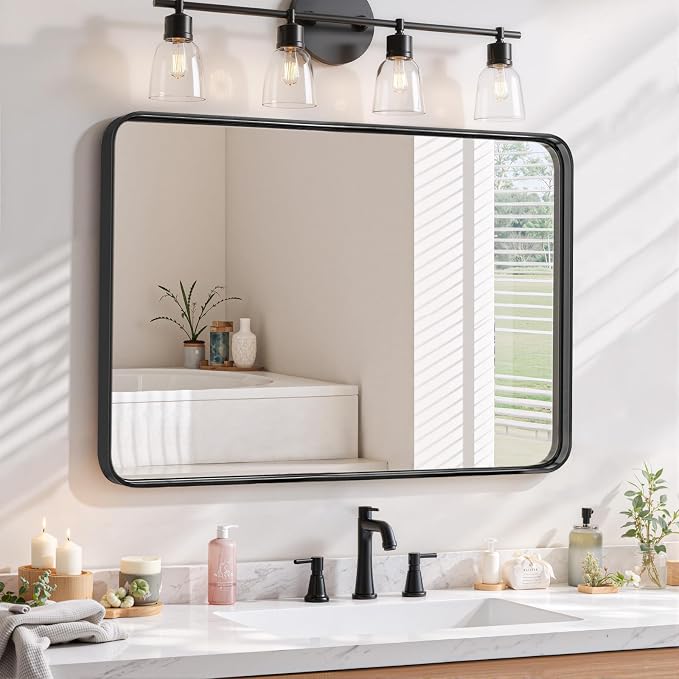 Bathroom Mirror 36x24 Inch Black Metal Frame Rectangle Vanity Mirror with Rounded Corners, Modern Wall Mounted Anti-Rust Mirror for Farmhouse, Restroom, Entryway, Horizontal or Vertical Hanging