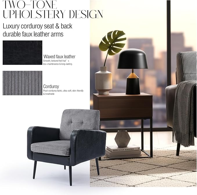 Comfy Accent Chair for Living Room Chairs Mid Century Modern Reading Chair Accent Chairs Set of 2 with Metal Legs,Upholstered Arm Chair for Bedroom Office Waiting Room (Black & Grey,2)