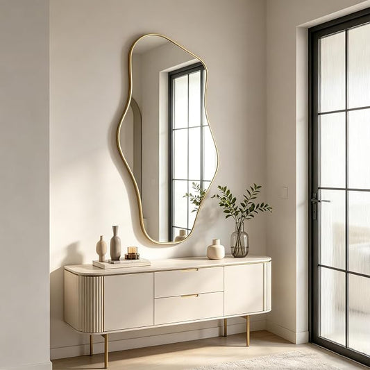 Irregular Wall Mirror, 47"x25" Asymmetrical Aesthetic Mirror with Gold Metal Frame, Modern Organic Shape Mirrors for Entryway Living Room Bedroom Hallway, Horizontal or Vertical Hanging
