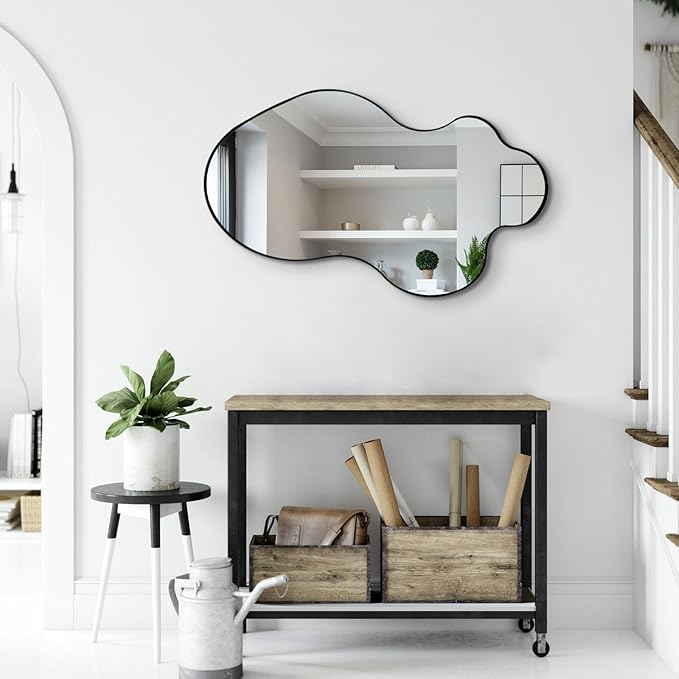 Irregular Mirror, 30"x18" Asymmetrical Mirrors, Black Metal Frame Wall Mirrors Decorative, Modern Odd Shaped Mirror for Living Room Bathroom Bedroom Hallway Entryway Fireplace