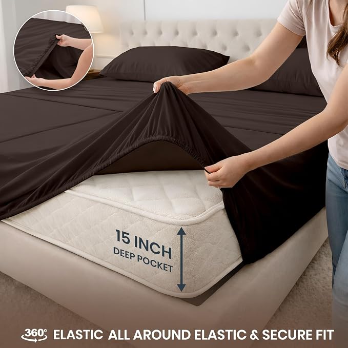 SGI Split King Sheet Set for Adjustable Bed Egyptian Premium Cotton 600 Thread Count Sheets for Sleep Number Bed 15" Deep Pocket 5 Pc Set with 2 Twin XL Fitted Sheets Soft Breathable -Chocolate