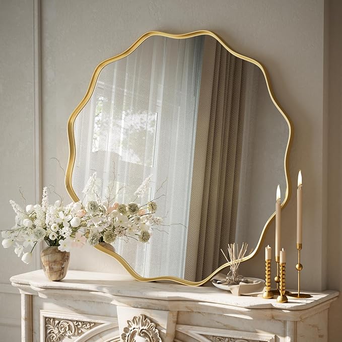 VooBang Gold Scalloped Circle Mirror, 30" Wavy Edge Round Wall Mirror with Tempered Glass Textured Circular Metal Deep Frame, Hanging Leaning for Bathroom, Hallway, Entryway, Livng Room