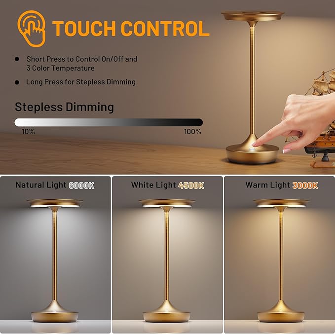2 Pack LED Rechargeable Cordless Table Lamps, Portable Outdoor Battery Operated 3 Color Stepless Dimming Tables Light with Memory Function for Patio Restaurant Dining Room Bronze