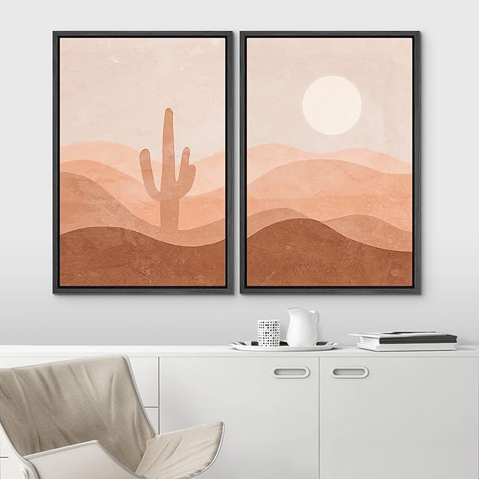 IDEA4WALL Framed Wall Art Print Set Cactus Shining Sun Desert Valley Landscape Wilderness Nature Illustrations Modern Art Boho Graphic Colorful Chic for Living Room, Bedroom, Office - 24"x36"x2 Black