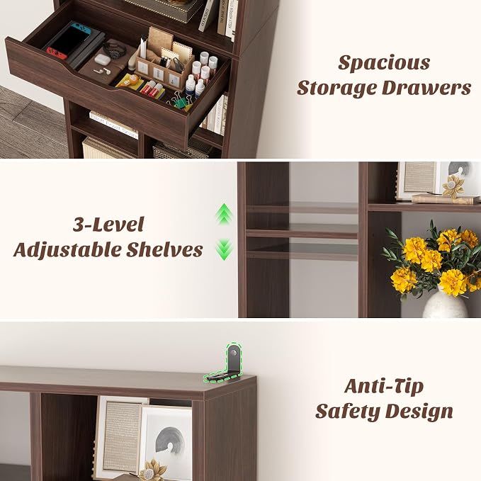 Armocity 16-Tier Tall Bookshelf Set of 2, 73.6" Narrow Freestanding Bookcase with 2 Drawers, Space-Saving Wood Display Shelves Storage for Living Room, Home Office Bedroom, Black Walnut
