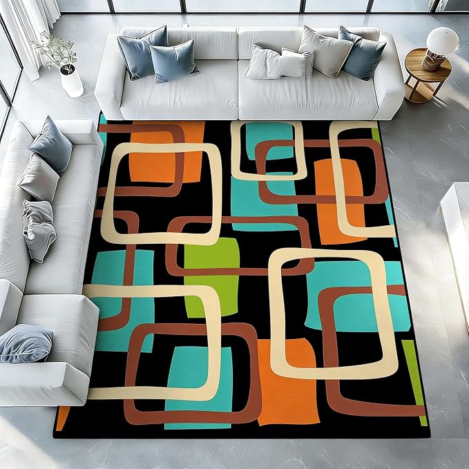 Mid Century Modern Rug, Colorful Abstract Geometric Area Rug, Retro Atomic Starburst Rugs, Washable Non-Slip Soft Low Pile 1950s Carpet for Living Room, Bedroom (7' x 9'(Rectangular))