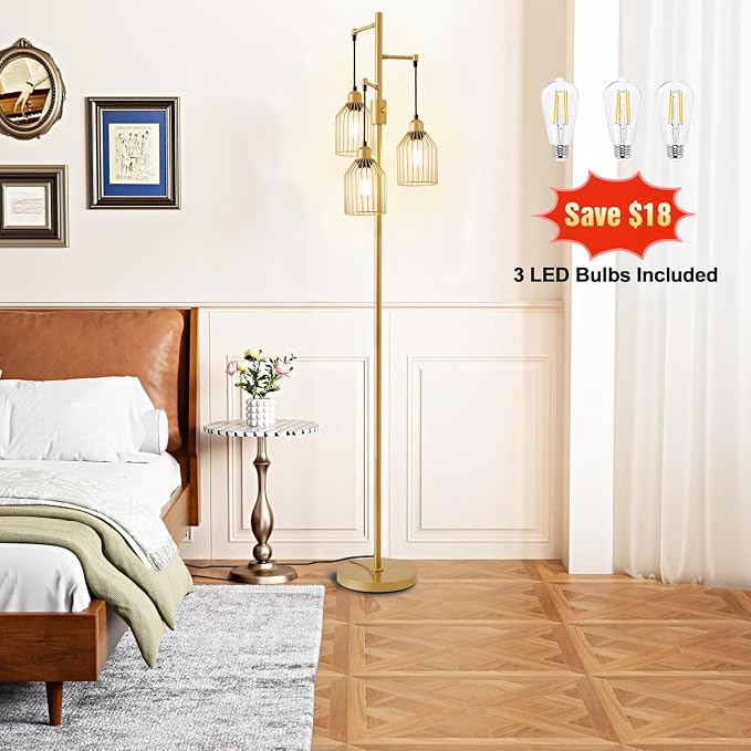 Dimmable Industrial Floor Lamp with 3 Cage Heads, 68.5" Gold Tree Standing Lamp with Stepless Dimming, Modern Farmhouse Tall Pole Light for Living Room, Bedroom, Office, E26 Base (Bulbs Included)