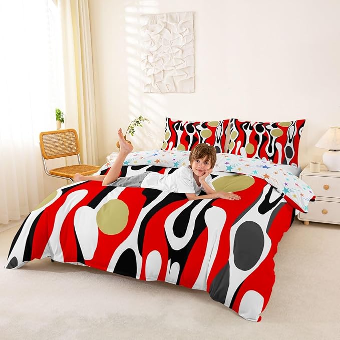 Erosebridal Mid Century Modern Abstract Duvet Cover Set Vintage Geometric Full Size Bedding Sets for Children Boys Contemporary Organic Shapes Comforter Cover Squiggle Blob Bed Set,Red Beige