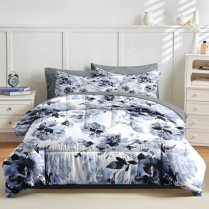 Nesker Comforter Set Twin Size, Navy Blue Floral 5 Pcs Bedding for Kids and Adults, Blue White Abstract Bed Sheet Sets with Fitted Sheet Pillowcase & Sham