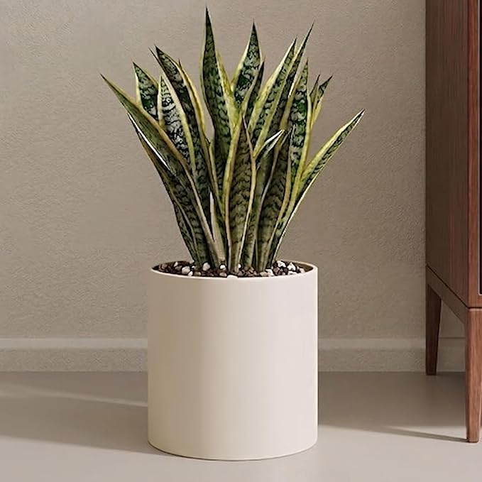 Beige Metal Plant Pot with Drainage Hole,7 Inch Mid Century Modern Small Pot Indoor Outdoor Planters for Succulents, Flowers & Home Decor Gift Window Living Room