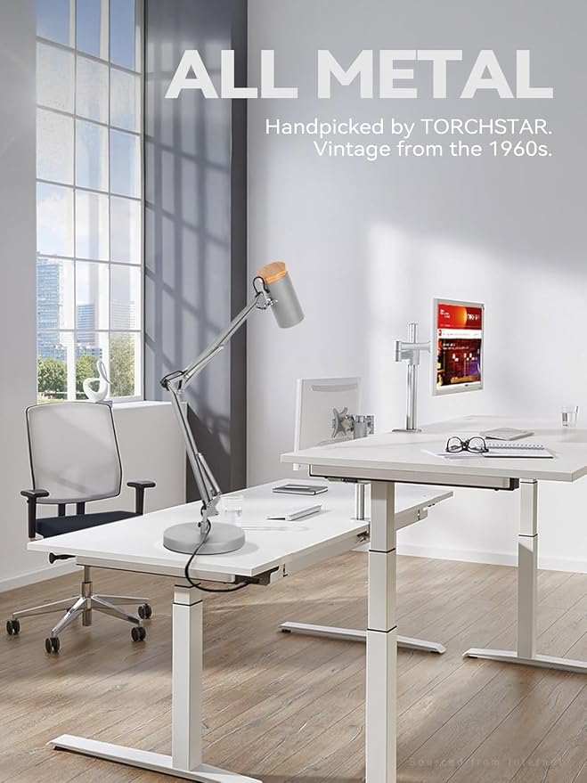 TORCHSTAR Tall Swing Arm Desk Lamp with Wooden Accent, Adjustable Large Size Max Height 31", E26 Base Metal Task Lamp, Office Desktop Lamp with On/Off Switch, for Reading, Study, Workbench, Grey