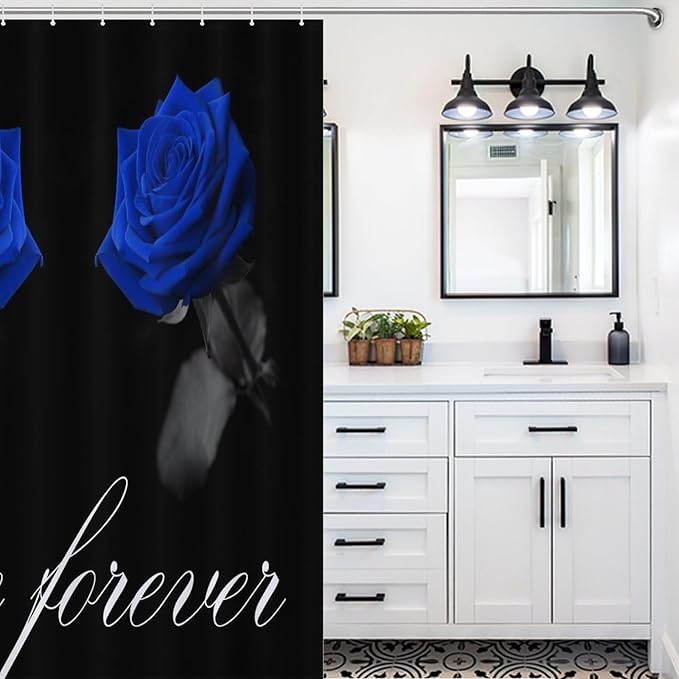 Blue Rose Flower Shower Curtain Vintage Valentine's Day Love Forever Rose Floral Modern Waterproof Shower Curtains for Bathroom Decor 12 Pack Hooks 55x72in（140x183cm）