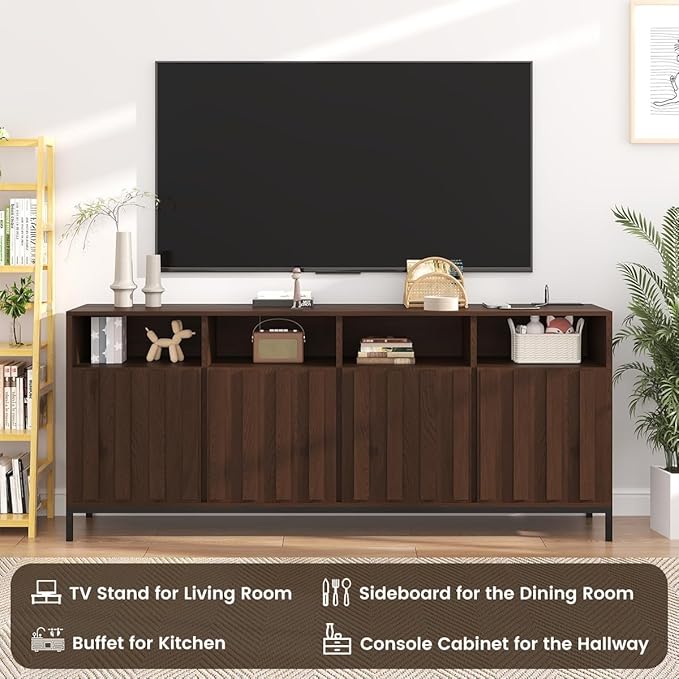 COCO DESIGN 70" Buffet Sideboard Cabinet with Fluted Panel Doors, Large Credenza Console with Power Outlet & Adjustable Shelves, Modern Storage Cabinet for Kitchen & Living Room, Walnut