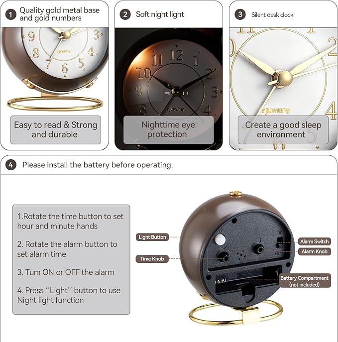 rjuwurv Metal Desk Alarm Clock, Retro Bedroom Table Vintage Analog Silent Non-Ticking Gold Alarm Clock, Bedside Decor(Coffee Brown)