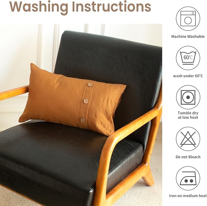 Simple&Opulence 100% Linen Lumbar Pillow Cover 12 x 20 Inch Set of 2 Rectangular Decorative Pillow Cover with Vintage Triple Coconut Button for Couch Sofa Bed Living Room Office Décor - Rust