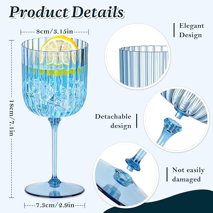 48 PCS Plastic Ribbed Wine Glasses 11oz Blue Detachable Wine Goblet Unbreakable Vintage Ripple Water Goblets Cocktail Drinking Cups for Parties Weddings Poolside Outdoors