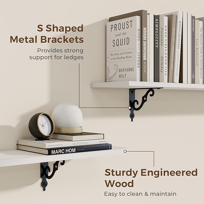 RICHFOCUS Floating Shelves for Wall Decor, 31.5W x 8D Shelves Set of 2, 8" Deep Rustic Wood Floating Shelves Wall Mounted with Metal Brackets, Shelves for Living Room Bedroom Kitchen, White