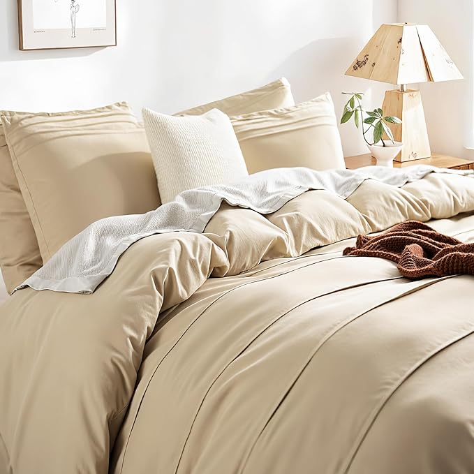 NEXHOME PRO 100% Organic Cotton Duvet Cover Twin, Linen Like Pleated Duvet Cover Set Yellow Tan, 2pc Organic Bedding Set with Zipper Closure, Soft, Lightweight and Breathable(68"x90", No Comforter)