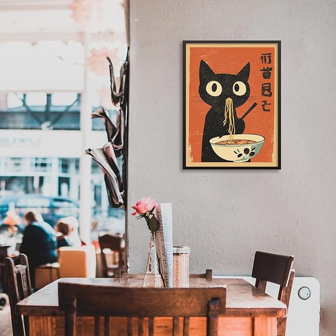 Funny Black Cat Eat Ramen Noodles Poster Vintage Japanese Kitchen Food Wall Art 08x10 inch Black Framed Whimsical Cute Animal Canvas Prints for Restaurant Wall Decor