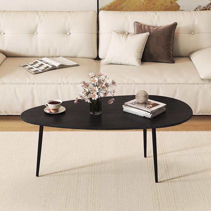 Giantex Oval Coffee Table, Mid Century Modern Center Table with Sturdy Metal Frame and Compact Design, Vintage Accent Cocktail Tea Table, Wood Living Room Tables for Small Spaces (Black)