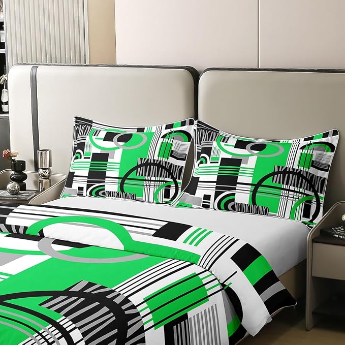 Erosebridal Art Deco Mid Century Duvet Cover Set Retro Modern Abstract Geometric 100% Cotton Comforter Cover Black and White Green Circles Stripes King Bedding Set, Contemporary Bed Sets
