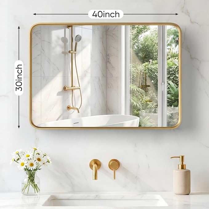 NEWBULIG 30X40 Inch Bathroom Mirror for Over Sink, Wall Vanity Mirrors Tempered Glass, Anti-Rust Metal Framed Rounded Rectangle, Hangs Horizontally or Vertically, Farmhouse Home Decor, Gold