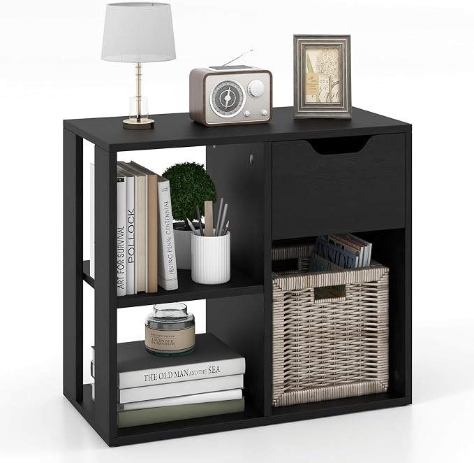 LOKO 3-Cube Bookshelf with Drawer Set of 2, 2-Tier Open Shelf Bookcase, Freestanding Display Shelf, Modern Home Storage Organizer, Shelving Unit for Living Room, Study, Office (1, Black)