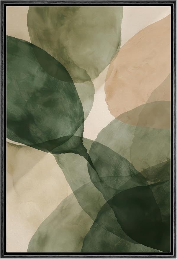 Woodrose Framed Canvas Print Wall Art Abstract Organic Shapes Soft Green and Beige Watercolor Illustrations Modern Art Minimalist 3D Colorful Ultra for Living Room, Bedroom, Office - 16"x24" BLACK