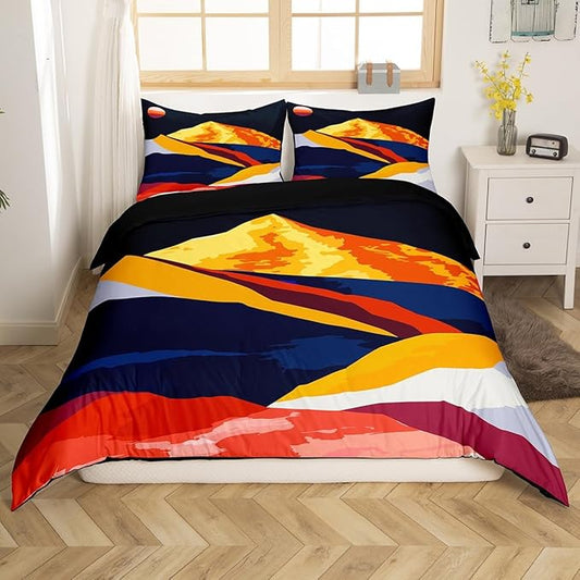 Erosebridal Mid Century Comforter Cover Boho Sunset Duvet Cover Nature Abstract Bedding Set King Black Gold Gray Bed Set Watercolor Mountain Quilt Cover Geometric Bedroom Decor 3pcs