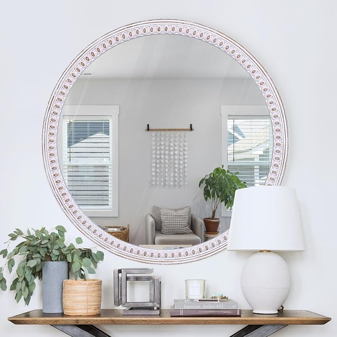 30 Inch Round Wood Mirror for Wall Decor | Decorative Circle Mirrors for Bathroom, Entryway, Bedroom, Living Room