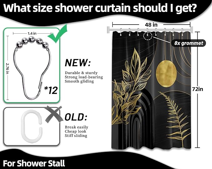 Black and Gold Shower Curtain Boho Mid Century Black and Dark Grey and Gold Shower Curtains for Bathroom Decor, Waterproof Cloth Fabric with Hooks, 48" W x 72" L